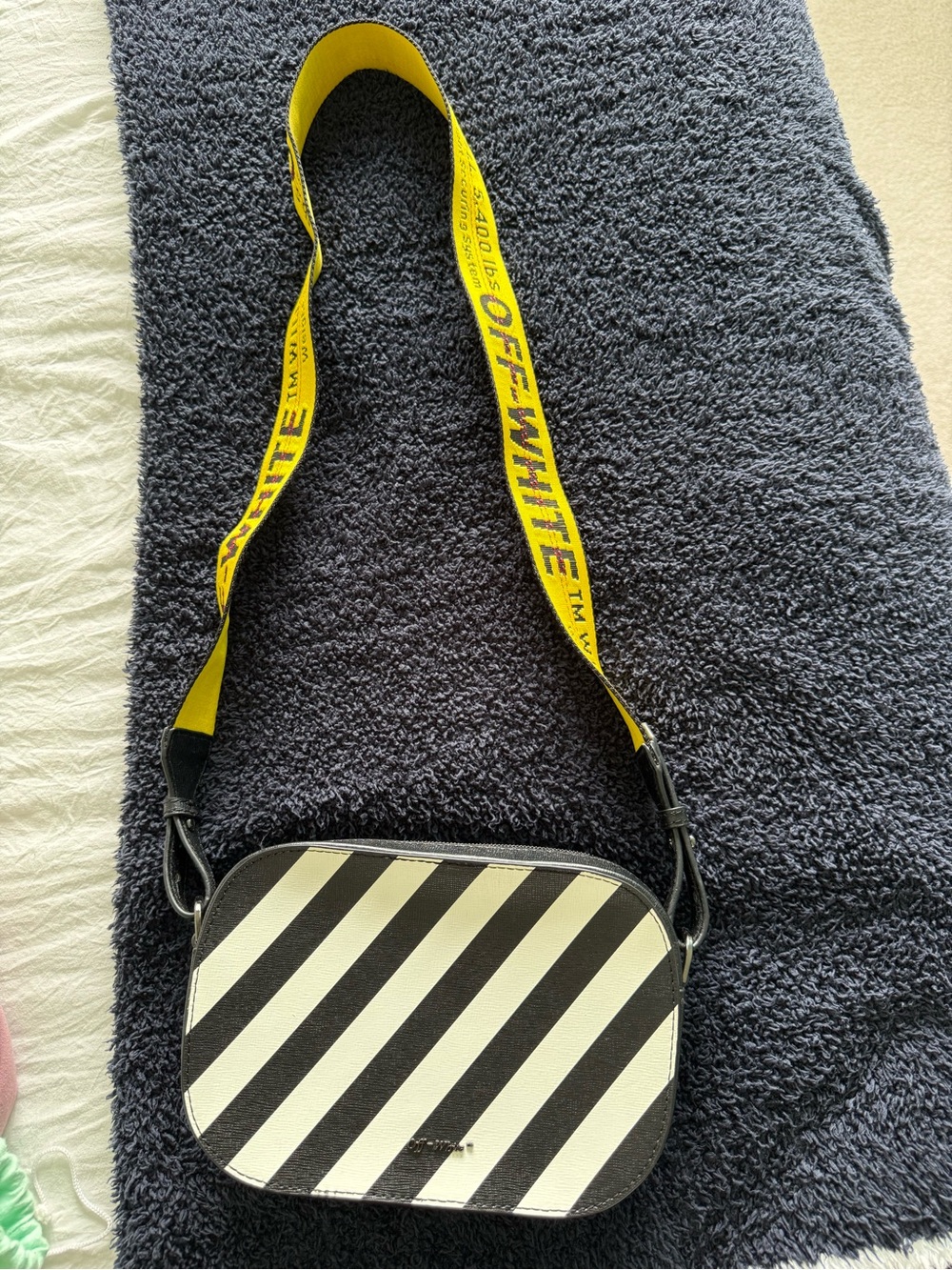 Off-White Black and White Diagonal Stripe Crossbody with Yellow Industrial Strap